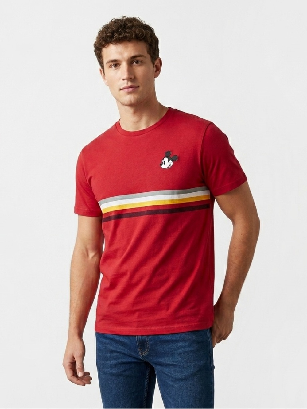 Mens Disney Mickey Mouse Embroidered Stripe T-Shirt Red Size Medium Casual Retro